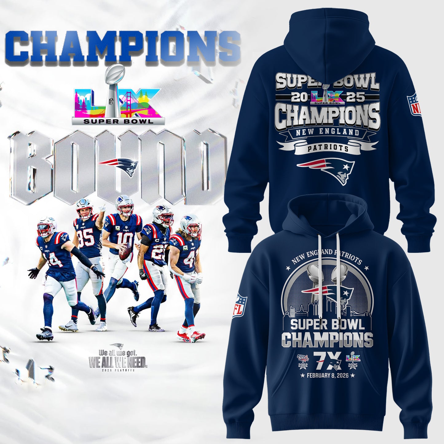 Limited Edition PATRIOTS CHAMPIONS Super Bowl LX Hoodie