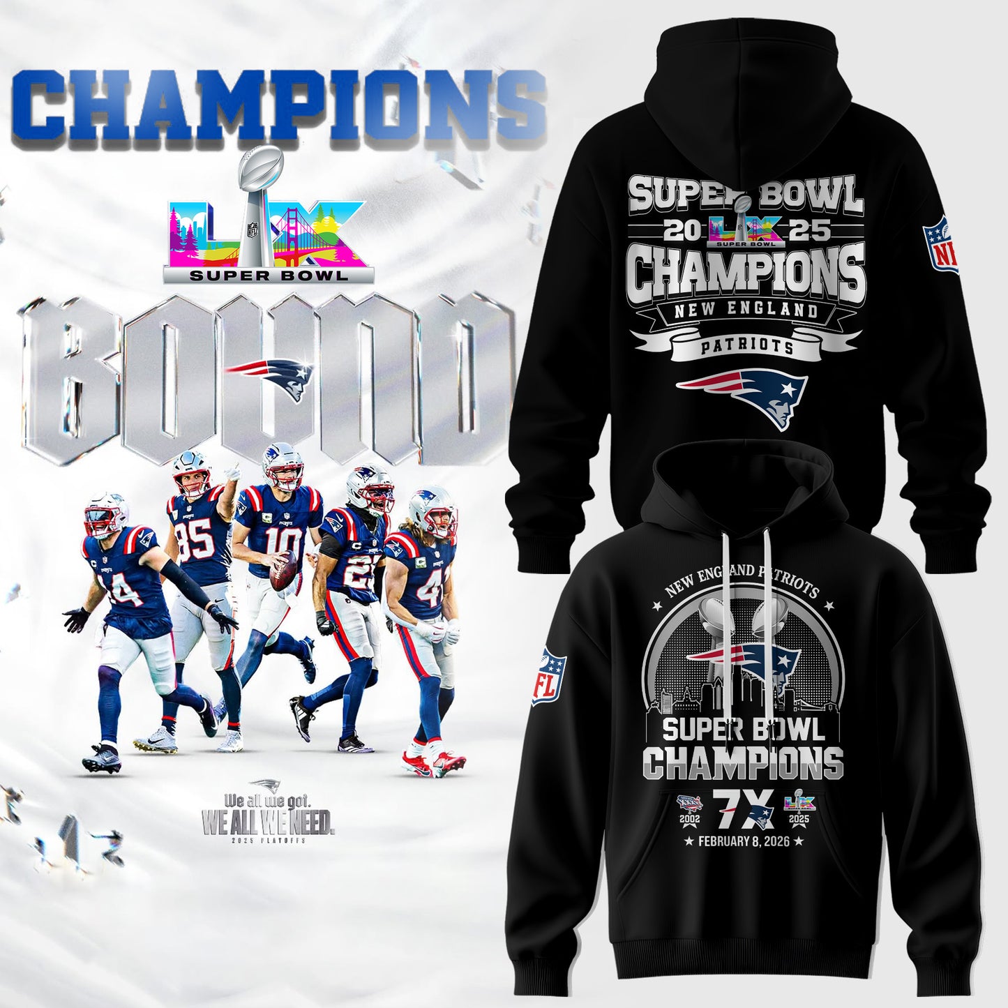 Limited Edition PATRIOTS CHAMPIONS Super Bowl LX Hoodie