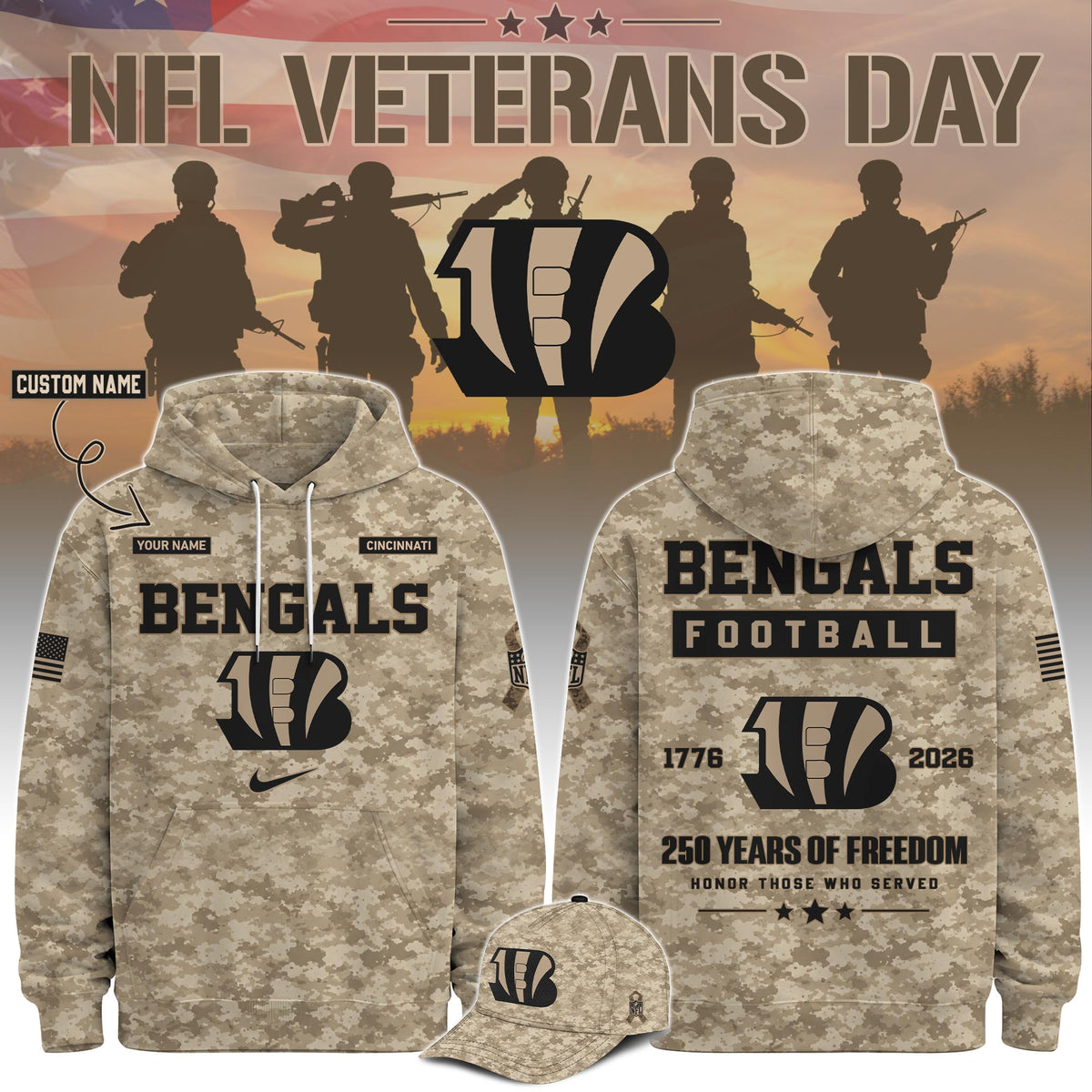 Limited Edition Cincinnati Bengals Veterans Day 2026 Hoodie