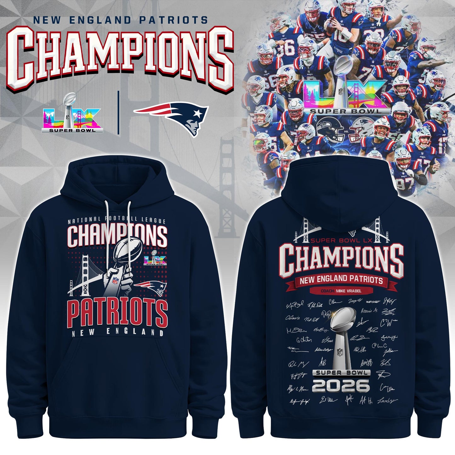 Limited Edition PATRIOTS CHAMPIONS Super Bowl LX Hoodie