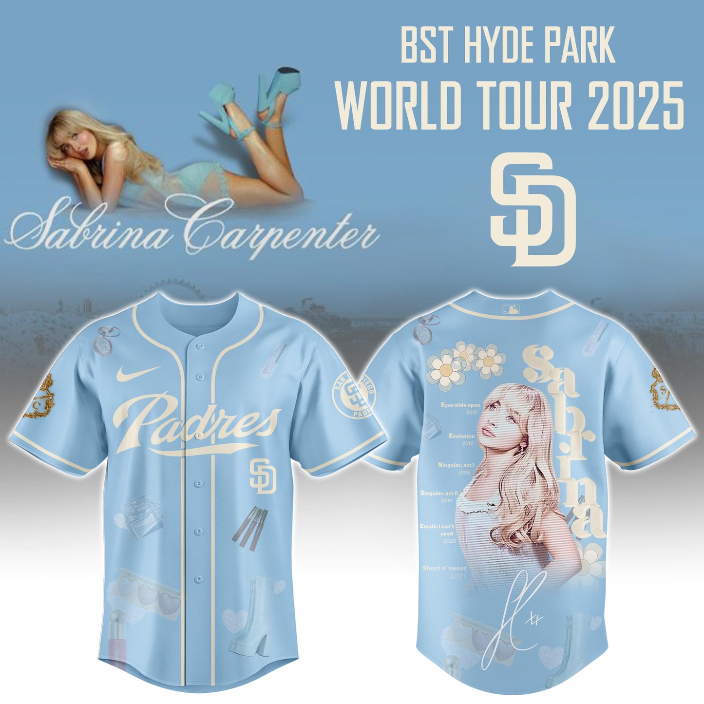 S D Padres x Sabrina Carpenter Short n™ Sweet Tour� Jersey Editions Limited +Selling Out Fast