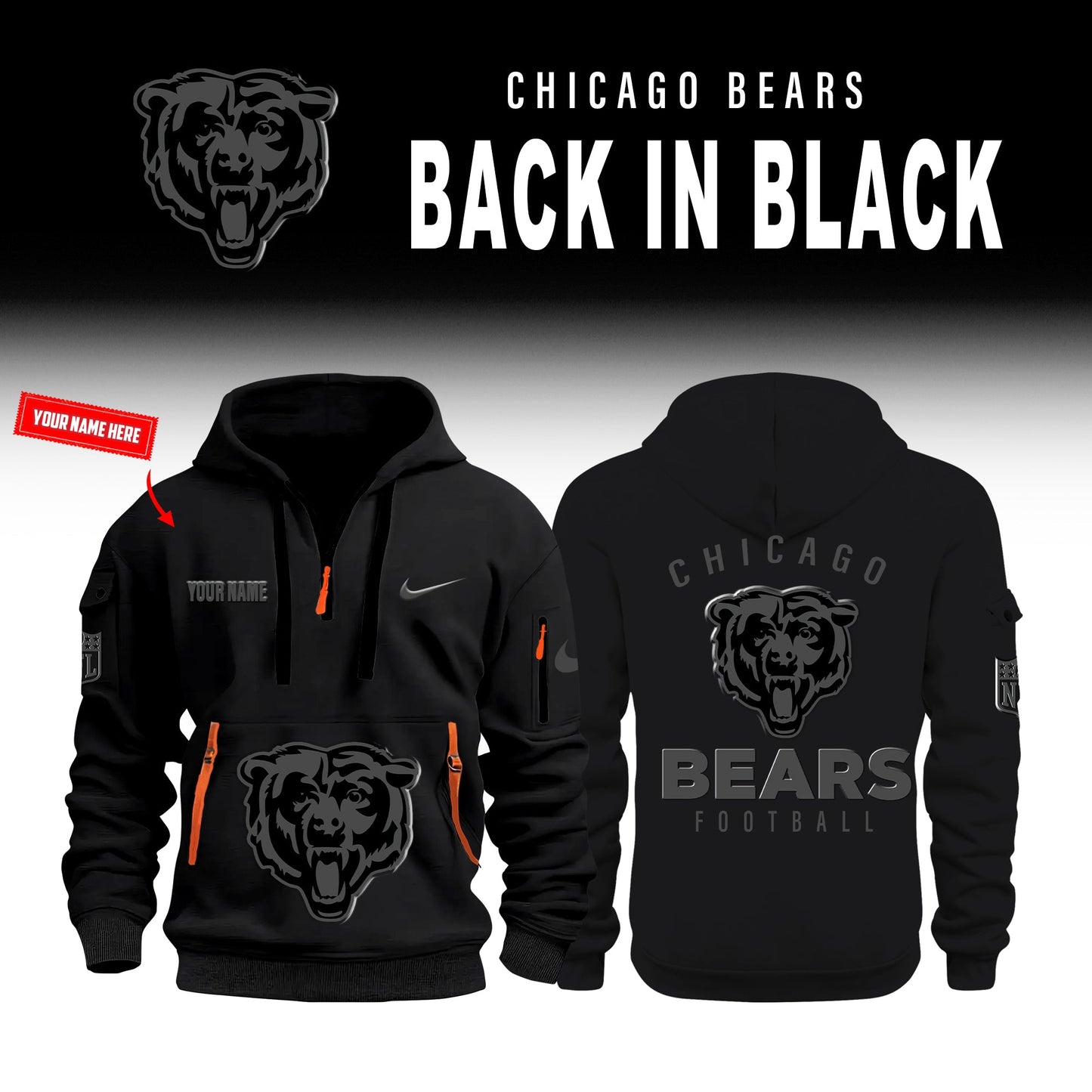Chicago Bears Back In Black Half Zip Hoodie