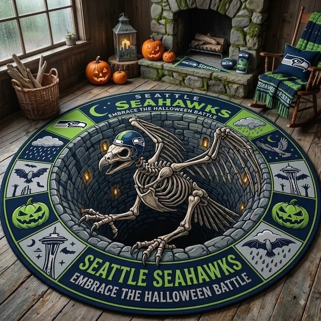 Limited Edition Seattle Seahawks 2026 Halloween Quilted Round Rug, Mats