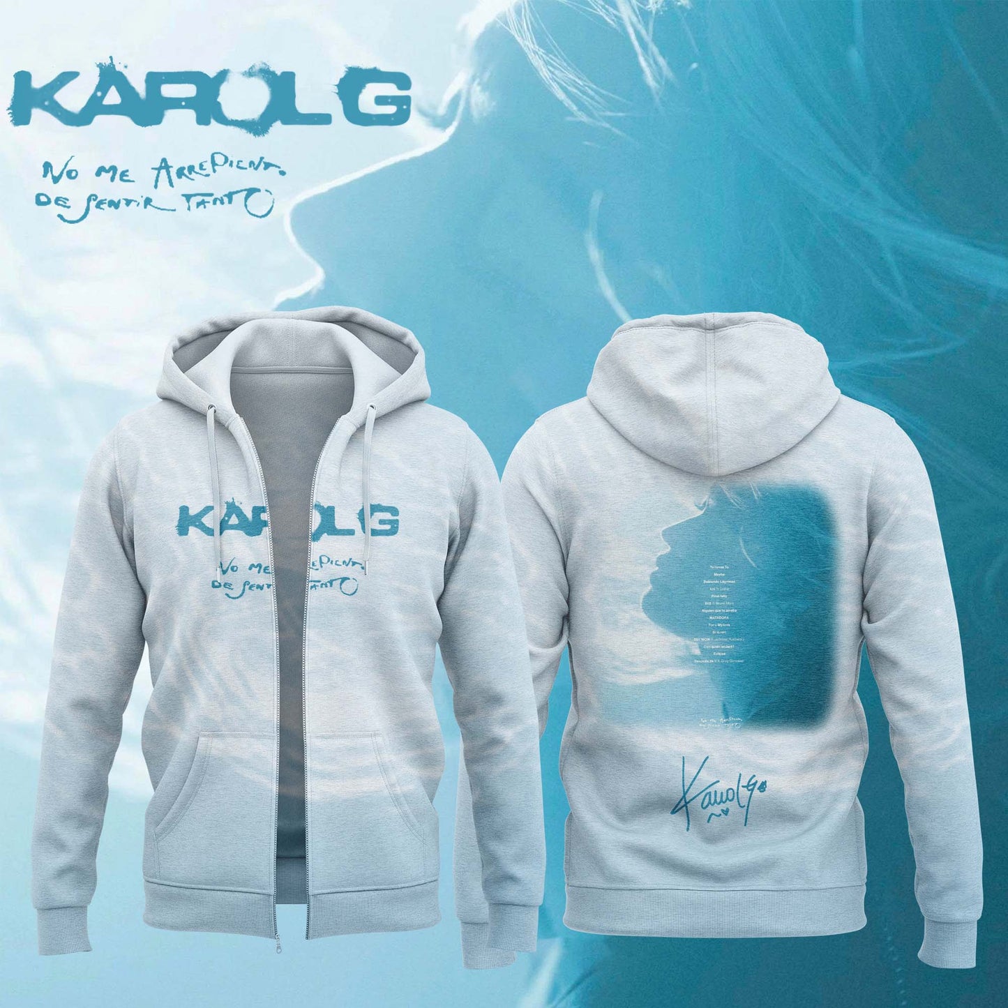 KaRol G Album “NO ME ARREPIENTO DE SENTIR TANTO” 🩵 – Zip Hoodie