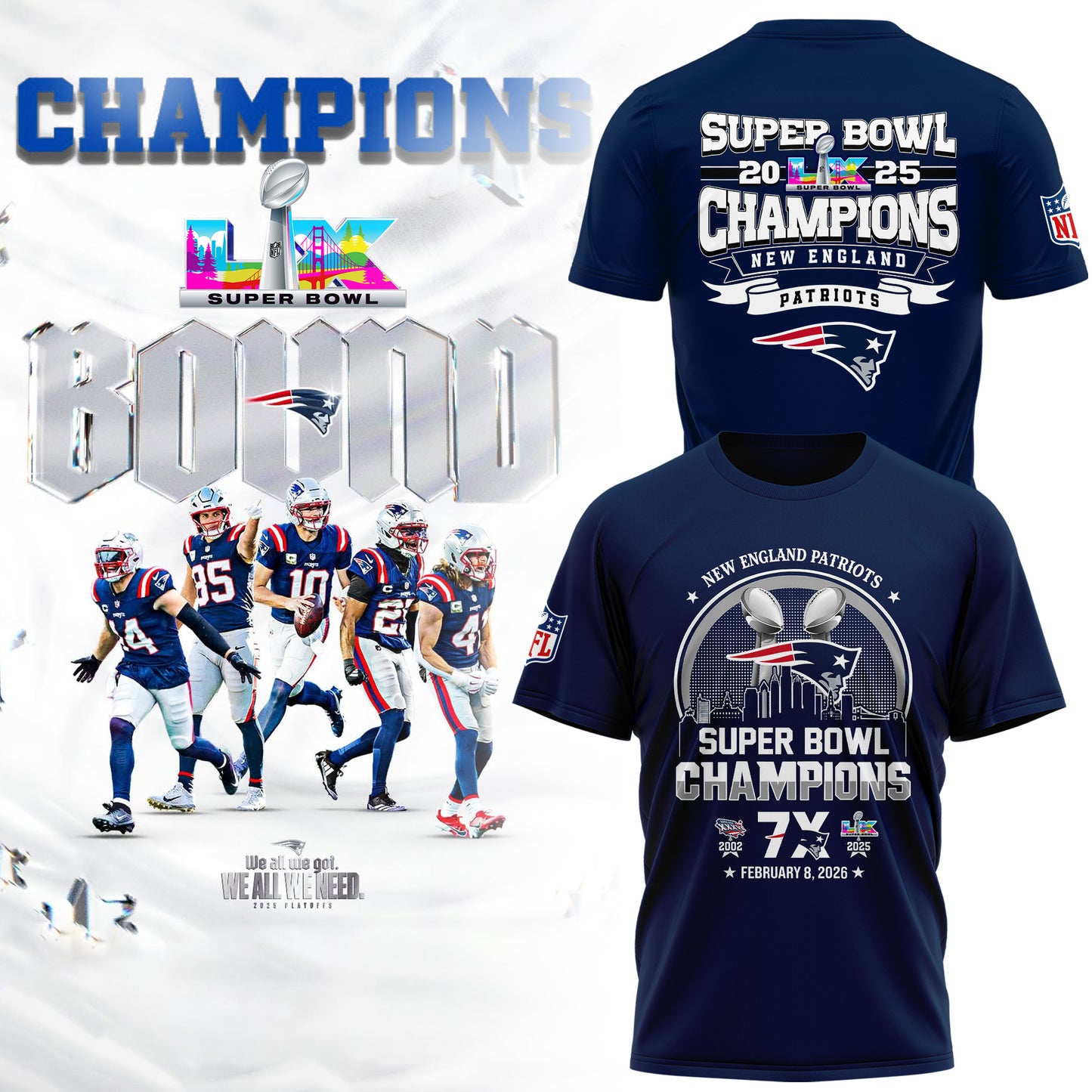 New England Patriots– Super Bowl LX 2025 Champions T-Shirt