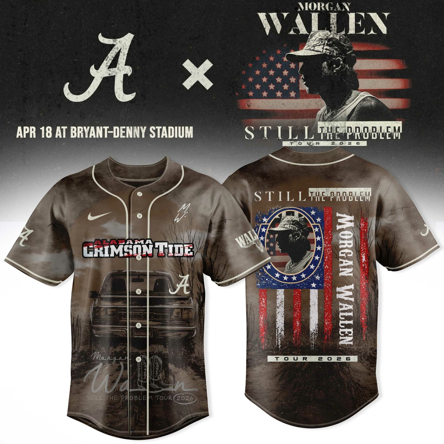 Limited edition Morgan Wallen x Alabama Football "Still The Problem Tour 2026" Bryant–Denny Stadium Jersey