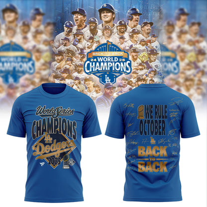 Los Angeles Dodgers Back to Back 2025 World Series Champions Combo Blue Shirt