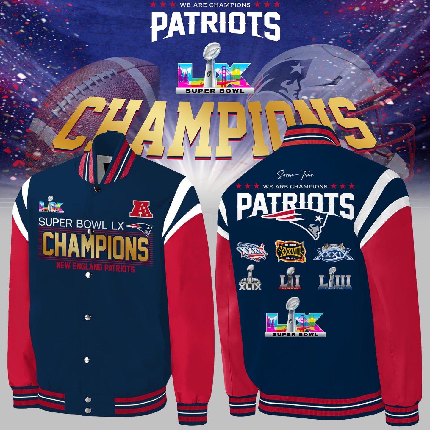 Limited Edition PATRIOTS CHAMPIONS Super Bowl LX Bomber Jacket