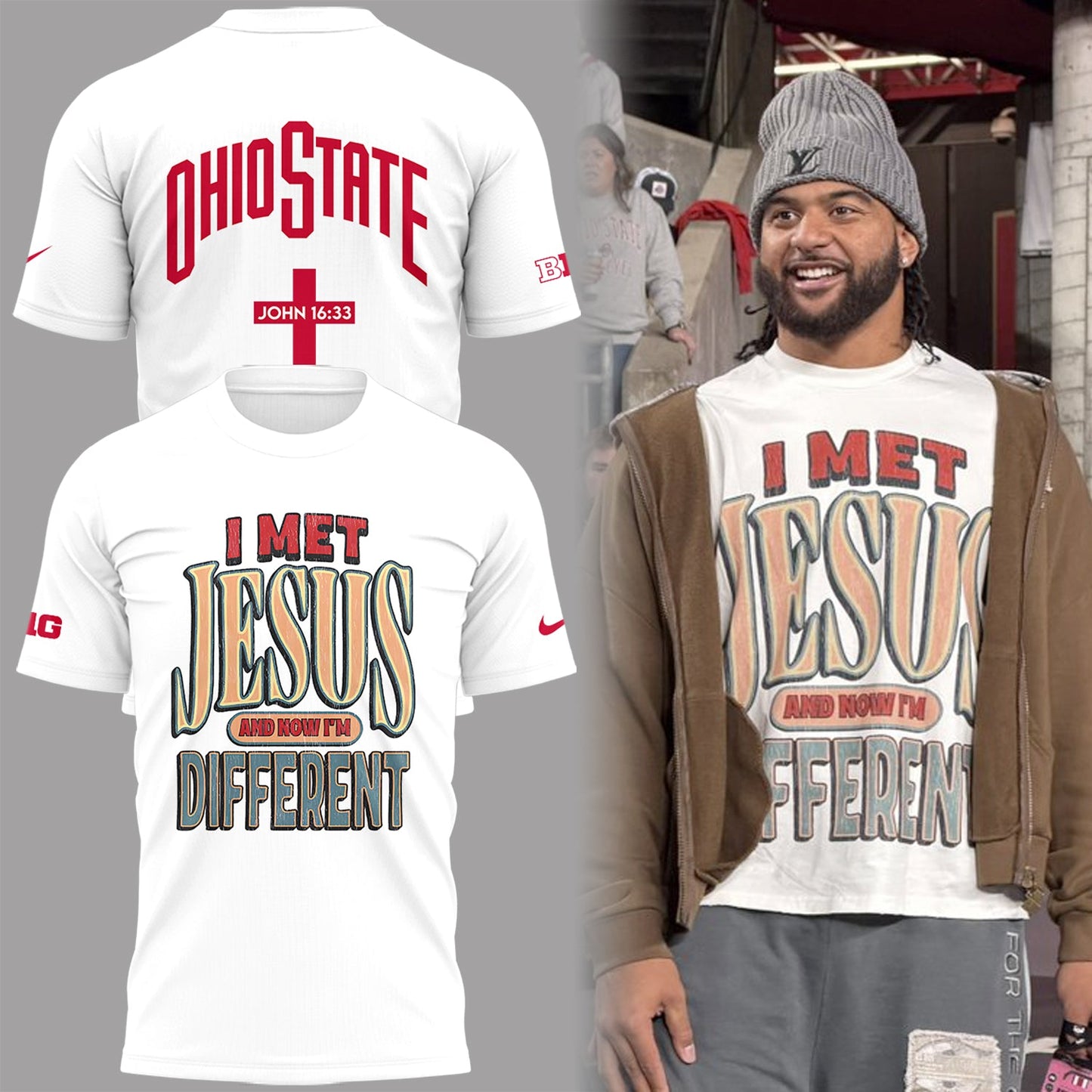 Back at Ohio State, J.T. Tuimoloau makes a statement in the ‘I MET JESUS AND NOW I’M DIFFERENT’ T-Shirt