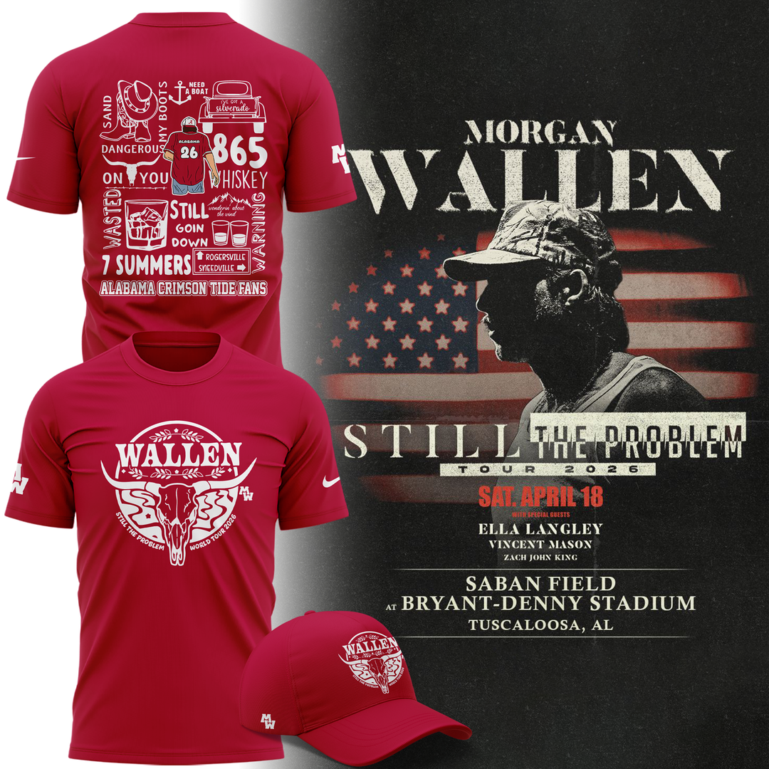 Exclusive Morgan Wallen x Alabama Football T-Shirt "Still The Problem Tour 2026" for fans.