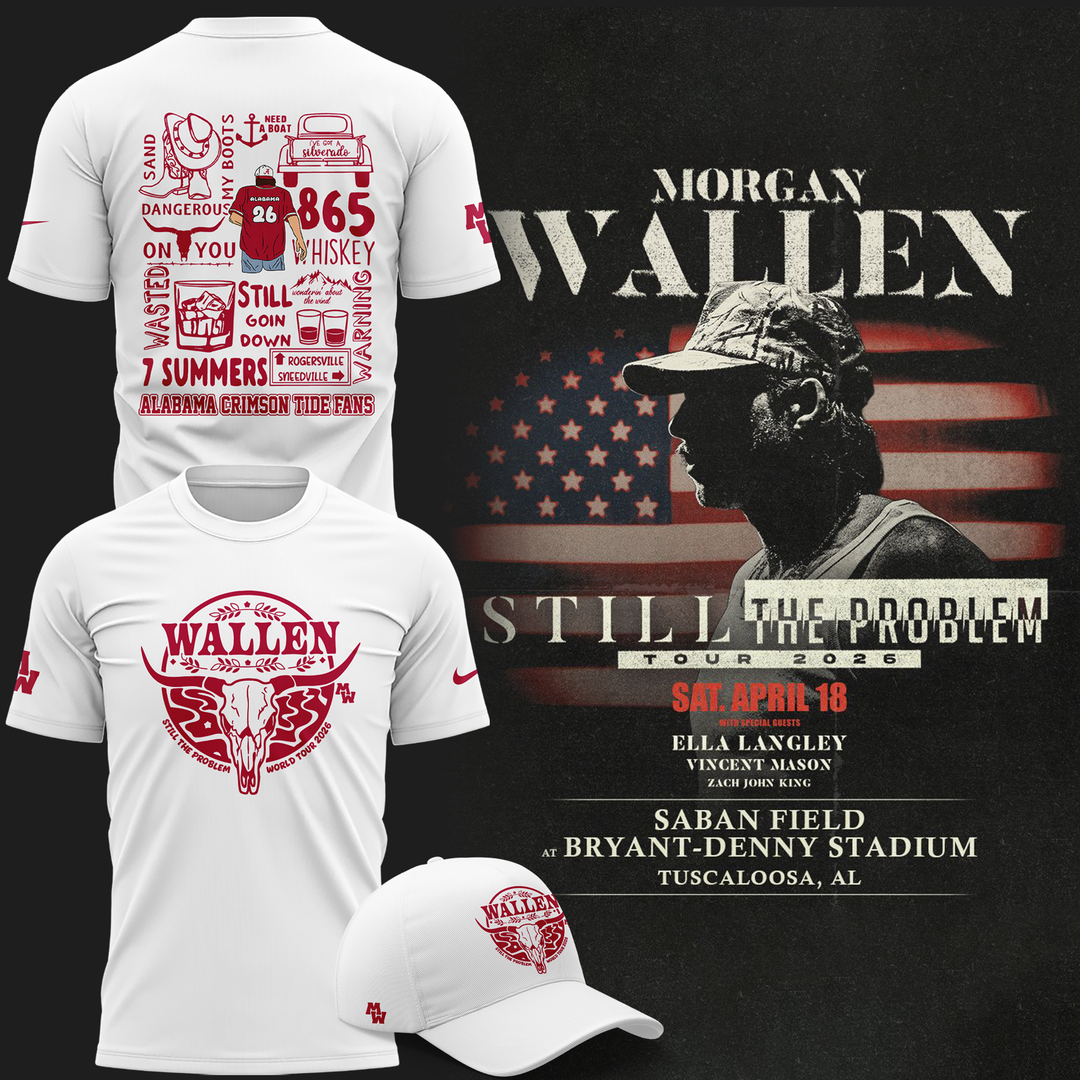 Exclusive Morgan Wallen x Alabama Football T-Shirt White "Still The Problem Tour 2026" for fans