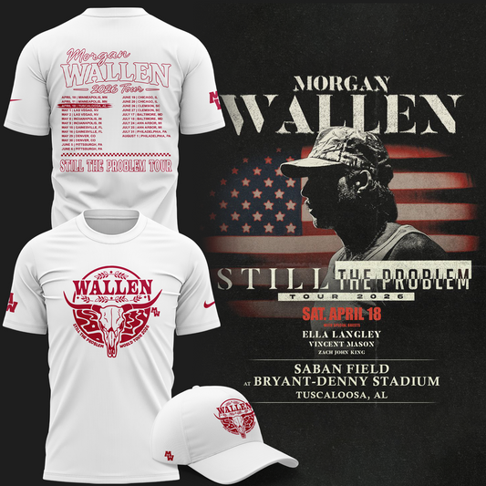 Exclusive Morgan Wallen x Alabama Football T-Shirt White "Still The Problem Tour 2026" for fans!