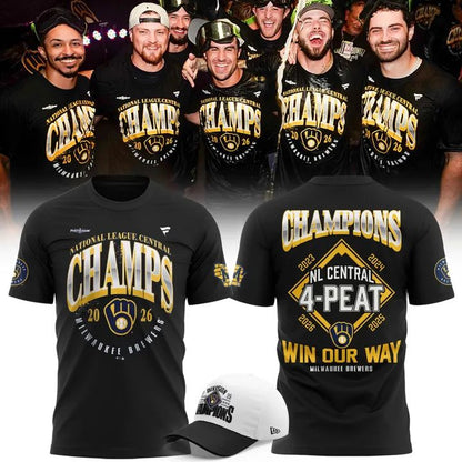 Milwaukee Brewers 2026 National League Central Champions Win Our Way 4-Peat Locker Room T-Shirt