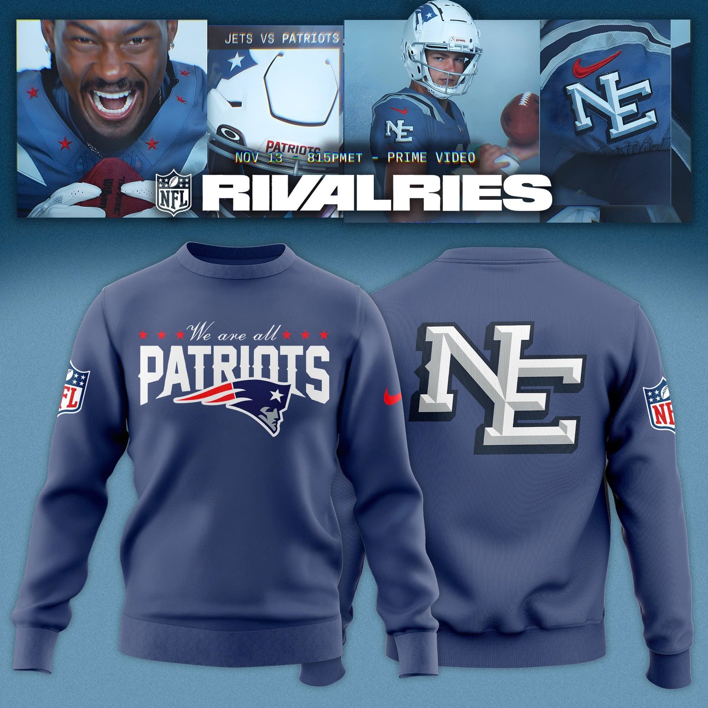 New England Patriots 2025 Rivalries Nor’Easter Storm Blue Sweatshirt